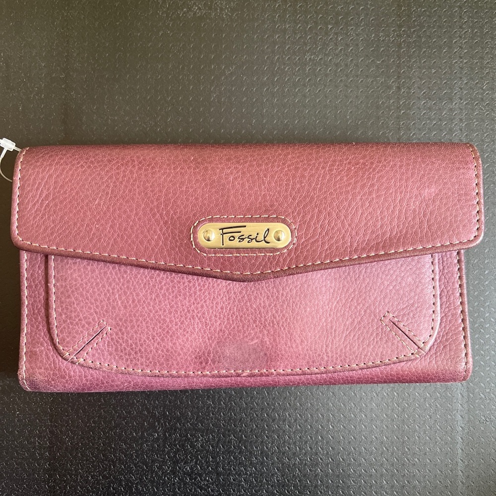 Fossil Amelia Flip Clutch Wallet Leather Dark Purple New